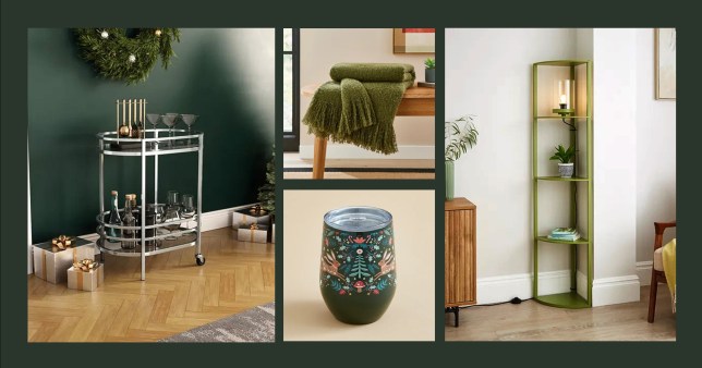 Four images of Dunelm's homeware Special Buys including a drinks table, a travel cup with festive patterns on the side, a green boucle blanket and a green corner unit