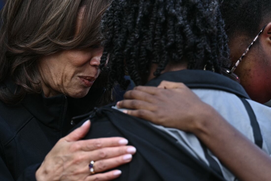 Vice President Harris consoles a woman as she toured damage from Hurricane Helene in the Meadowbrook neighborhood of Augusta, Ga., on Oct. 2.