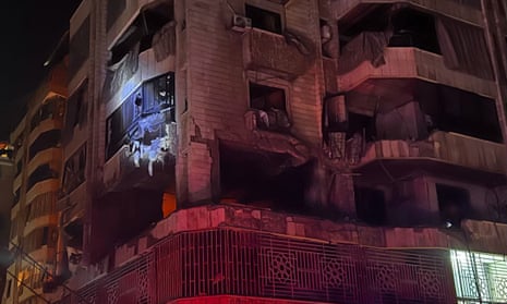 An apartment building damaged by an Israeli an airstrike in Beirut’s Bachoura neighbourhood in the early hours of Thursday.