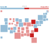 Two maps of the U.S. with the states sized according to their number of votes in the Electoral College. Each is colored in showing a combination of results that could lead to a Harris or Trump win.