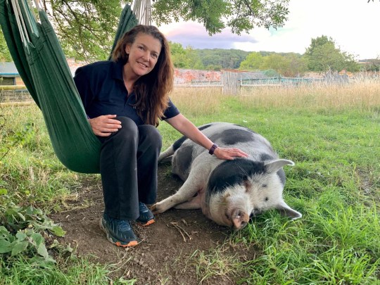 Hannah Clarke sits in a hammock and rubs her pet pig Colin who looks very content on the grass. 