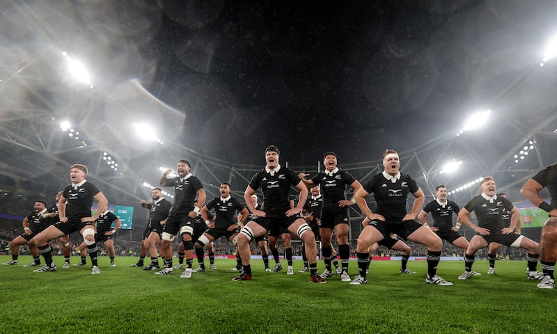 The New Zealand team perform the haka before the game. Photograph: Dan Sheridan/Inpho