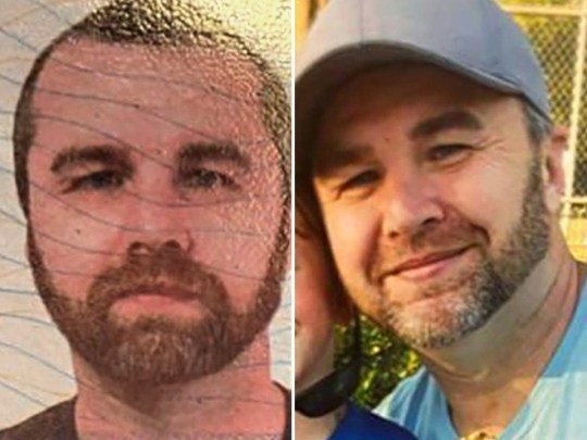 Two images of suspect Nicholas Wayne Hamlett show him wearing with a beard