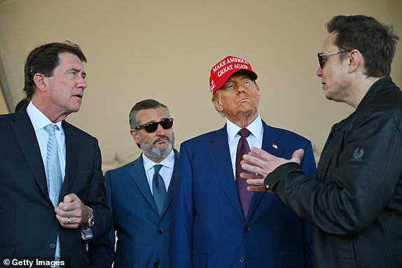 BROWNSVILLE, TEXAS - NOVEMBER 19: U.S. President-elect Donald Trump speaks alongside Elon Musk (R) and Senate members including (L-R) Sen. Bill Hagerty (R-TN), and Sen. Ted Cruz (R-TX) before attending a viewing of the launch of the sixth test flight of the SpaceX Starship rocket on November 19, 2024 in Brownsville, Texas. SpaceX's billionaire owner, Elon Musk, a Trump confidante, has been tapped to lead the new Department of Government Efficiency alongside former presidential candidate Vivek Ramaswamy. (Photo by Brandon Bell/Getty Images)