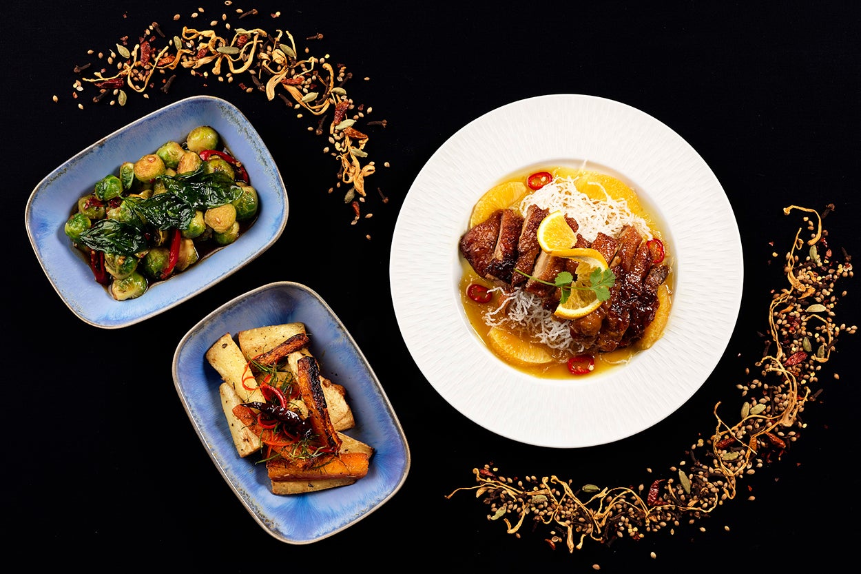 Chaophraya’s Christmas menu features dishes like roast duck with cinnamon and orange sauce