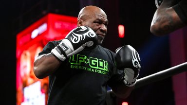 Texas , United States - 12 November 2024; Mike Tyson during an open workout session, held at Toyota Music Factory in Irving, Texas, USA, ahead of his heavyweight bout with Jake Paul, on November 15th at AT&T Stadium in Arlington Texas. (Photo By Stephen McCarthy/Sportsfile via Getty Images)