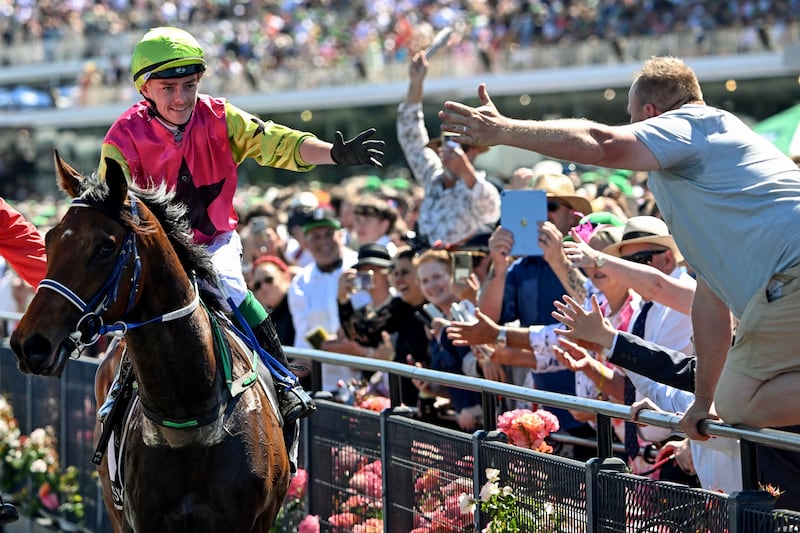 Robbie Dolan high fives a fan after riding Knight's Choice to victory in the Melbourne Cup. Photograph: William West/AFP via Getty Images