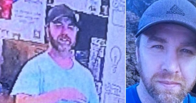 Two images of suspect Nicholas Wayne Hamlett show him wearing T-shirts and hats