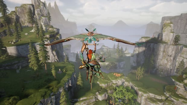 Monster Hunter Outlanders screenshot showing a huntress gliding over a lush valley.