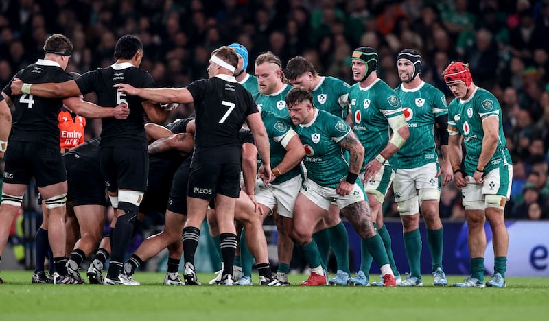 The Ireland and New Zealand teams prepare for a scrum. Photograph: Dan Sheridan/Inpho