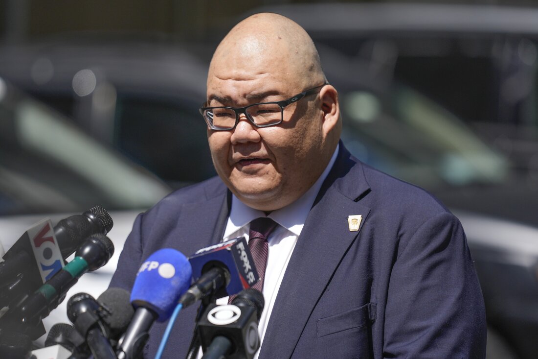 Former President Donald Trump's campaign spokesman Steven Cheung speaks to reporters across the street from Trump's criminal trial in New York, on May 28.