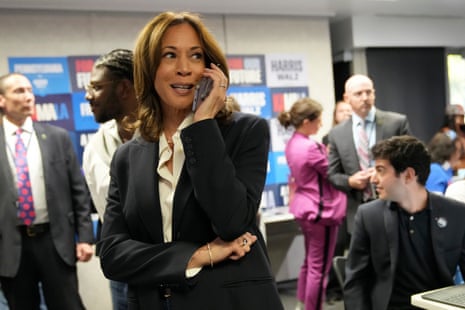 Vice President Kamala Harris phone banks with volunteers at the DNC headquarters on Election Day, Tuesday, Nov. 5, 2024, in Washington.