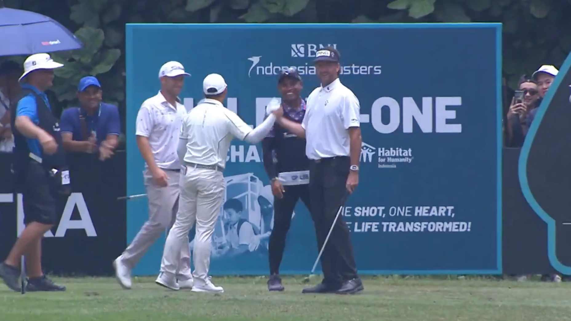 LIV Golf pro Bubba Watson celebrates his hole-in-one at the 2024 Indonesian Masters.