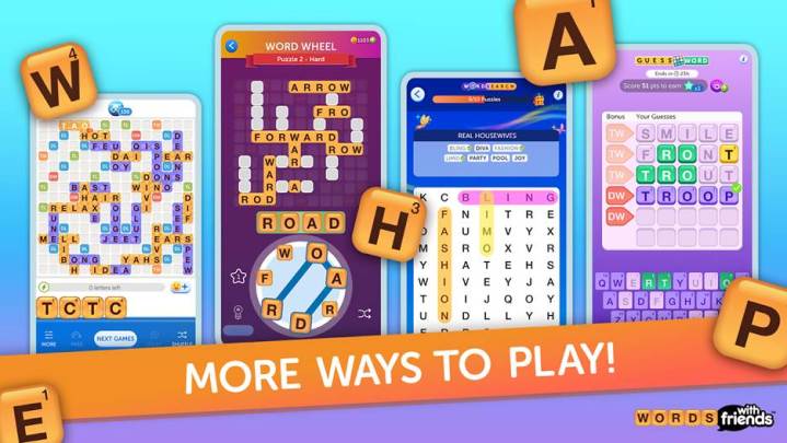 The four new Words with Friends games: Mini Crosswords, Word Wheel, Word Search, and Guess word